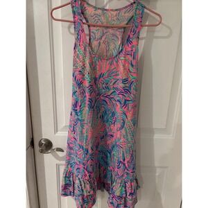 Lilly‎ Pulitzer Ruffle Hem Tank Dress Sleeveless Palm Print Pink S